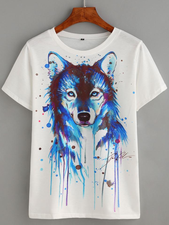 Romwe White Wolf Head Print T-shirt