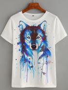 Romwe White Wolf Head Print T-shirt