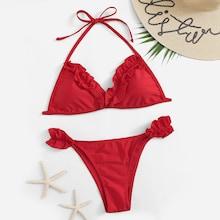 Romwe Halterneck Frilled Triangle Bikini Set