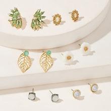 Romwe Marble & Flower Shaped Stud Earrings 6pairs