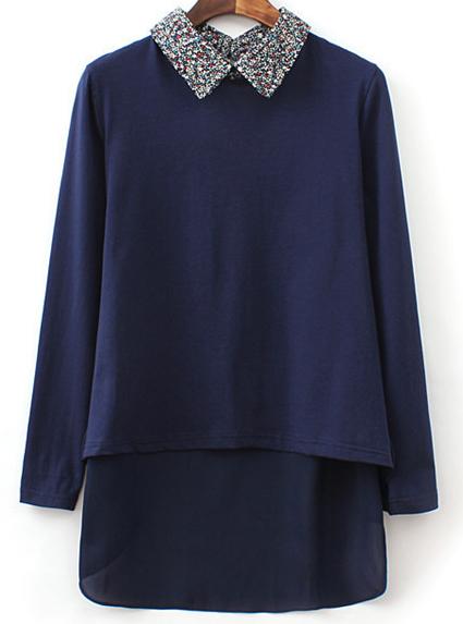Romwe Floral Lapel Dipped Hem Chiffon Navy T-shirt