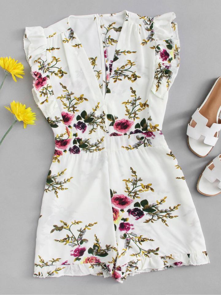 Romwe Ruffle Trim Floral Print Romper