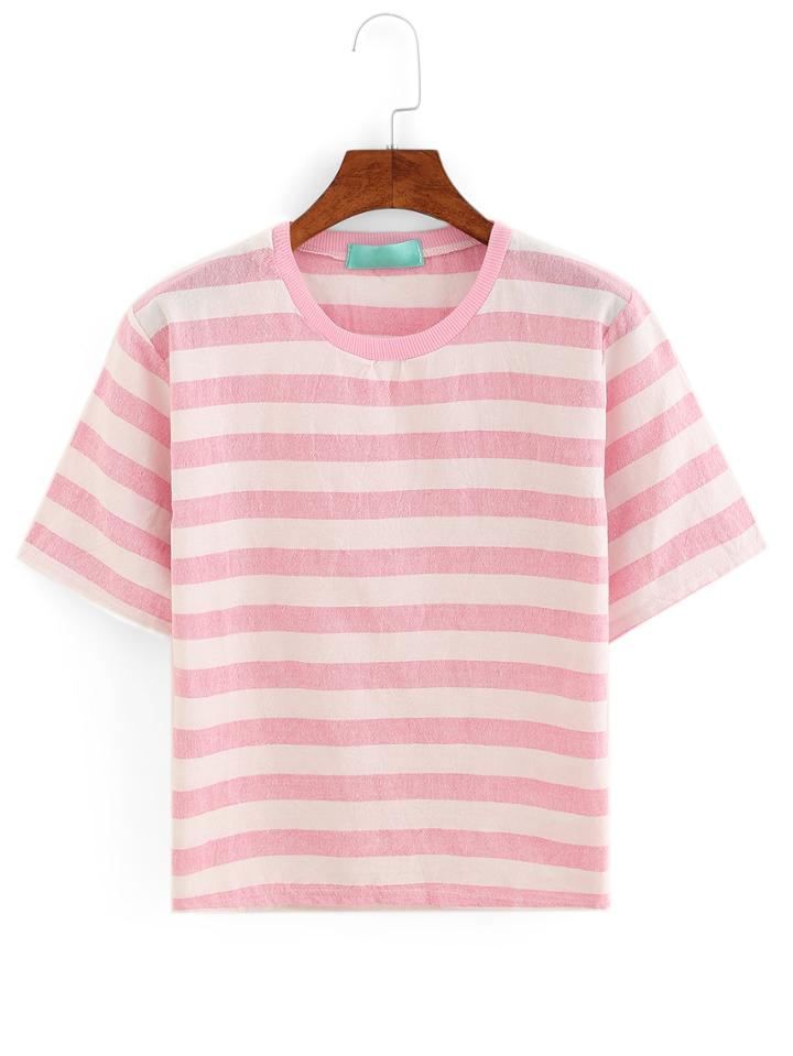 Romwe Pink Striped T-shirt