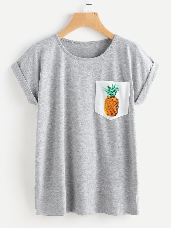 Romwe Space Dye Pineapple Print Cuffed Tee