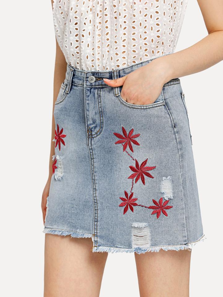 Romwe Leaf Embroidered Raw Hem Denim Skirt