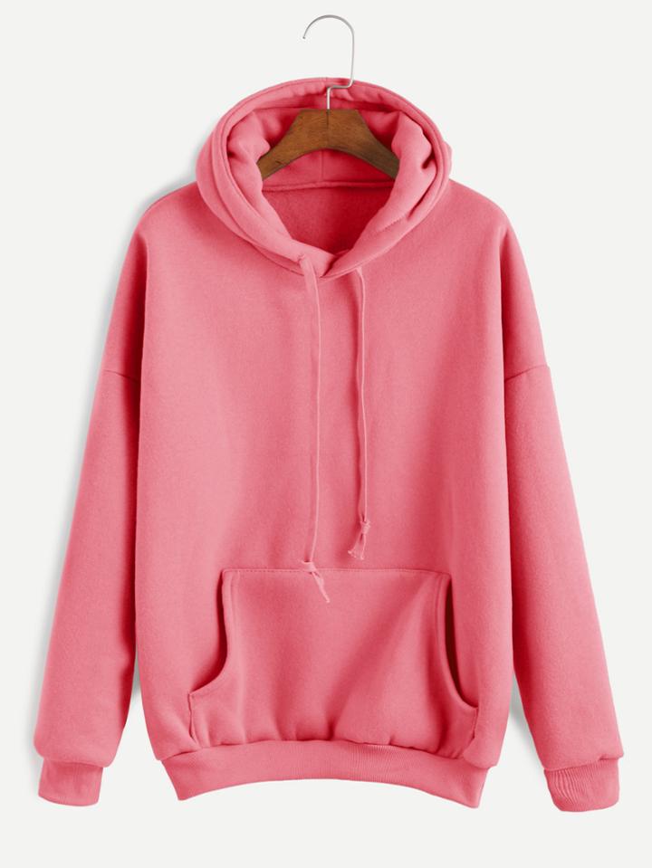 Romwe Pink Dropped Shoulder Seam Drawstring Hooded Pocket Sweatshirt