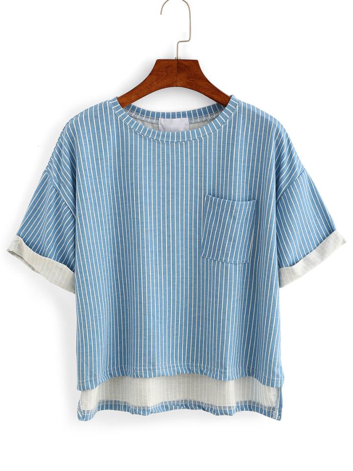 Romwe Vertical Striped High-low Pocket T-shirt - Blue