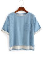 Romwe Vertical Striped High-low Pocket T-shirt - Blue