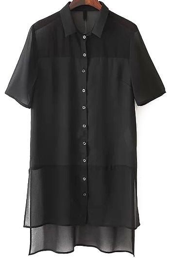 Romwe Lapel Asymmetrical Hem Chiffon Black Blouse