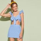 Romwe Shirred Back Ruffle Armhole Tie Front Crop Top & Skirt Set