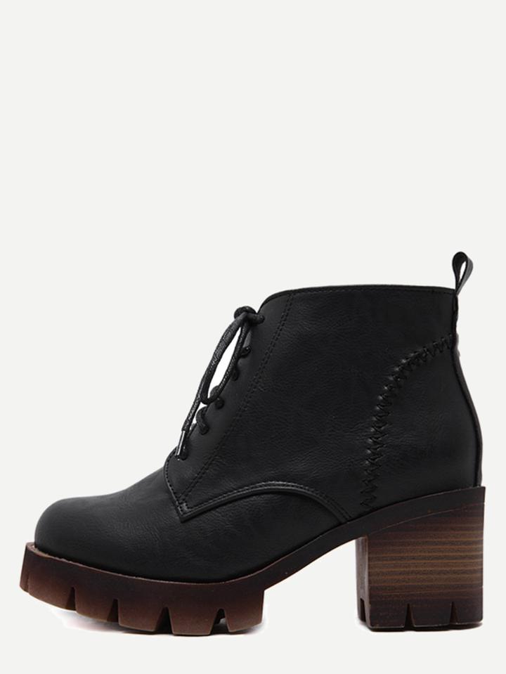 Romwe Black Pu Lace Up Cork Heel Ankle Boots