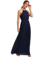 Romwe Navy Evening Sleeveless Halterneck Pleated Infinity Maxi Dress