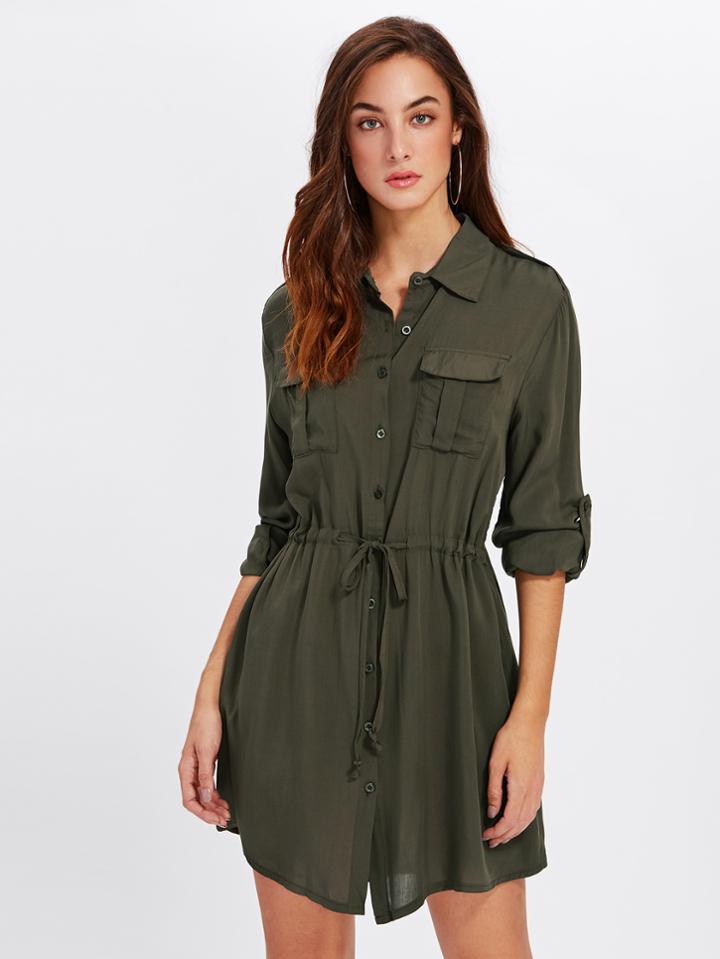 Romwe Roll Up Sleeve Pocket Front Drawstring Dress