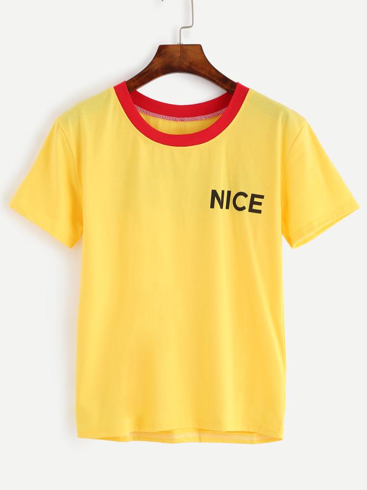 Romwe Yellow Contrast Neck Letter Print T-shirt
