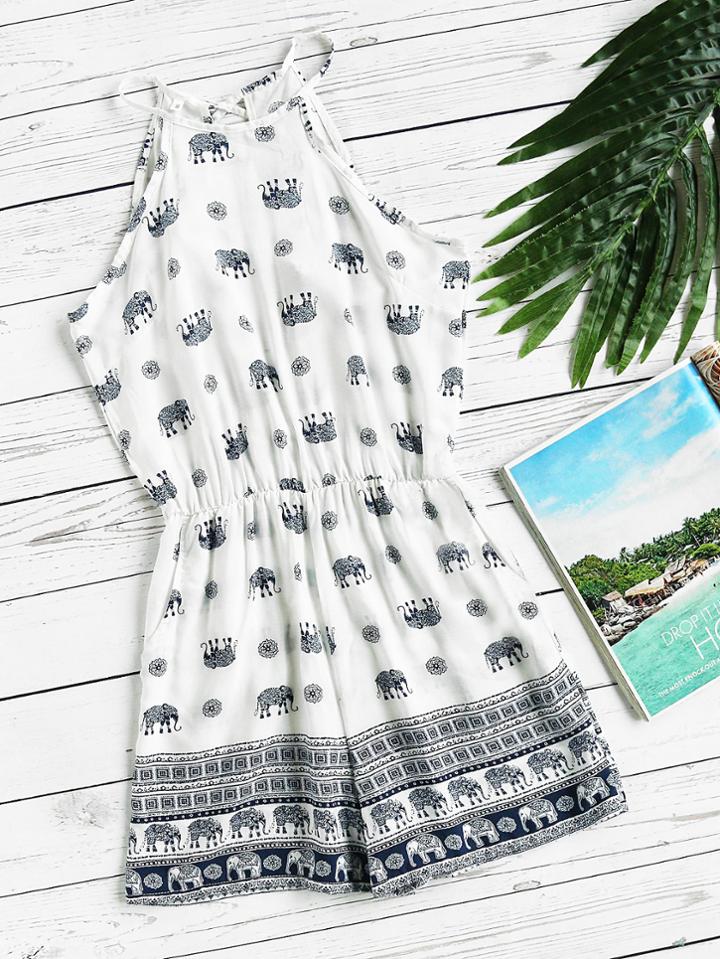Romwe Elephant Print Split Self Tie Back Romper