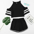 Romwe Open Shoulder Varsity-striped Top With Shorts