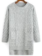 Romwe Cable Knit Pockets High Low Sweater
