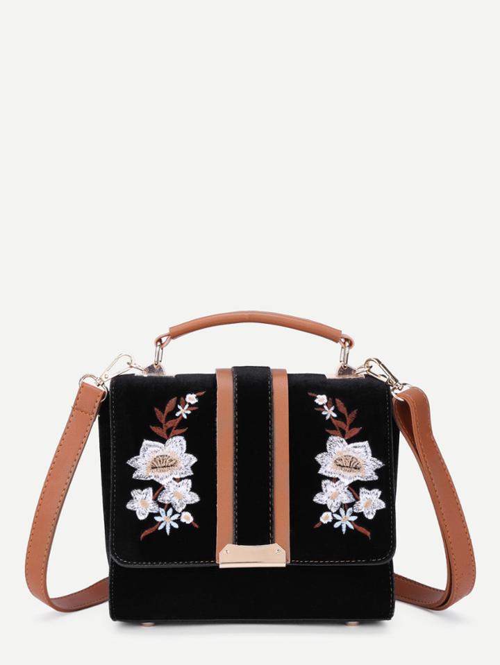 Romwe Symmetrical Flower Embroidered Flap Velvet Bag