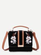 Romwe Symmetrical Flower Embroidered Flap Velvet Bag
