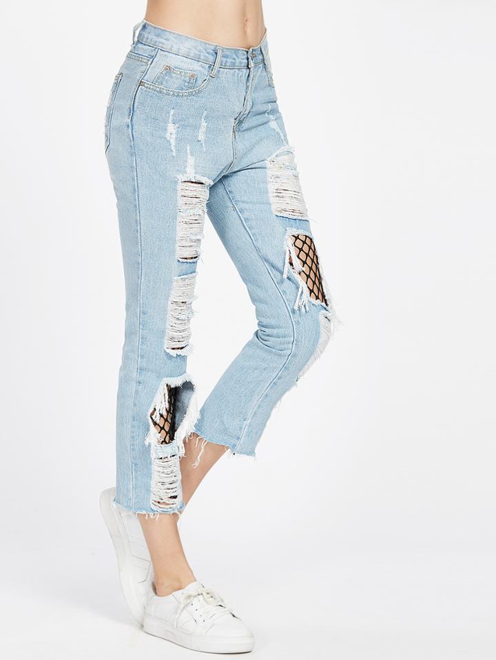Romwe Blue Denim Splicing Mesh Ripped Jeans