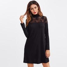 Romwe Lace Yoke High Neck Dress