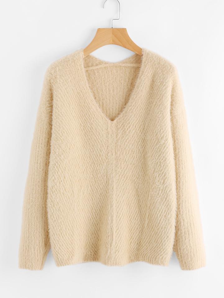 Romwe V Neck Fluffy Jumper