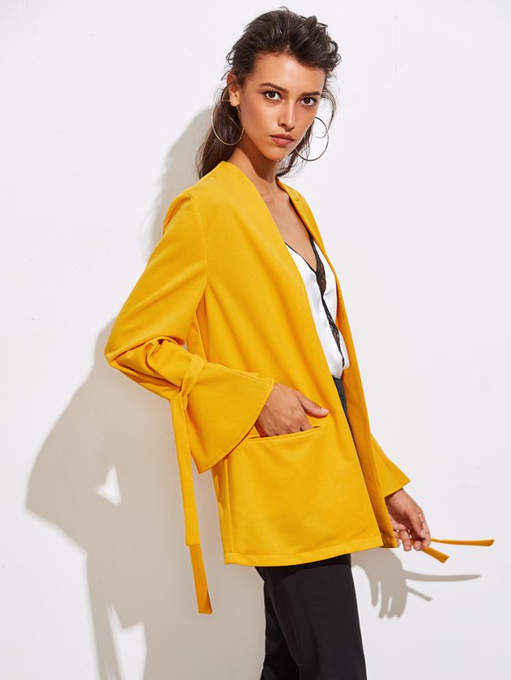 Romwe Tied Bell Cuff Welt Pocket Jersey Blazer