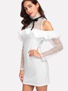 Romwe Ruffle Trim Eyelet Crochet Cold Shoulder Dress