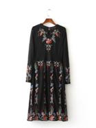Romwe Black Floral Embroidered Vintage T-shirt Dress