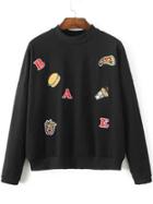 Romwe Black Hamburger Embroided Drop Shoulder Sweatshirt
