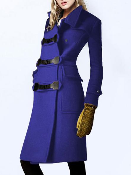 Romwe Stand Collar Pockets Buttons Long Blue Coat