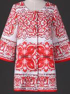 Romwe Red Round Neck Length Sleeve Print Pockets Coat