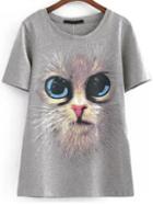 Romwe Cat Print Loose Grey T-shirt