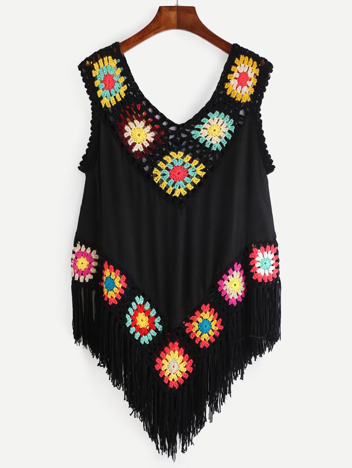Romwe Black Flower Crochet Insert Knotted Fringe Trim Top