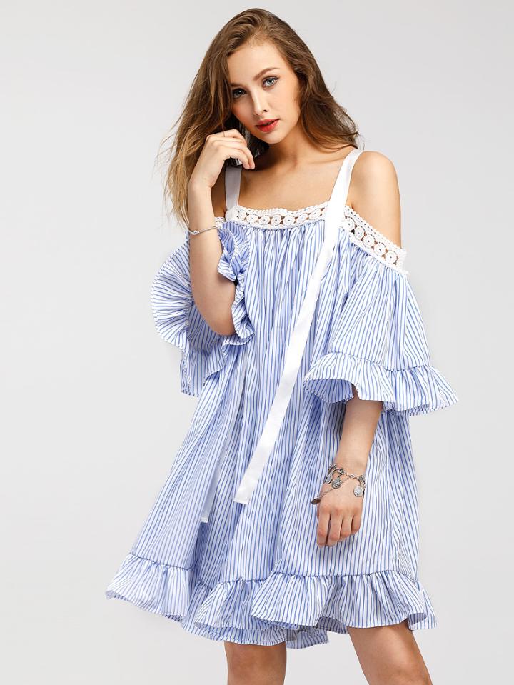Romwe Contrast Lace Vertical Striped Frill Trim Ribbon Detail Dress