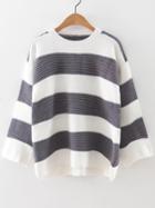 Romwe Grey Striped Ribbed High Low Sweater