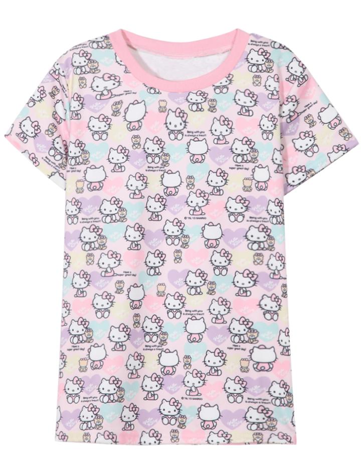Romwe Short Sleeve Kitty Cat Print Pink T-shirt