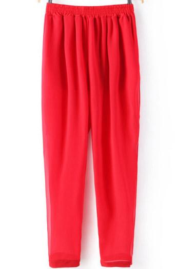 Romwe Elastic Waist Thigh Spilt Chiffon Red Pant