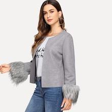 Romwe Faux Fur Cuff Open Front Suede Coat