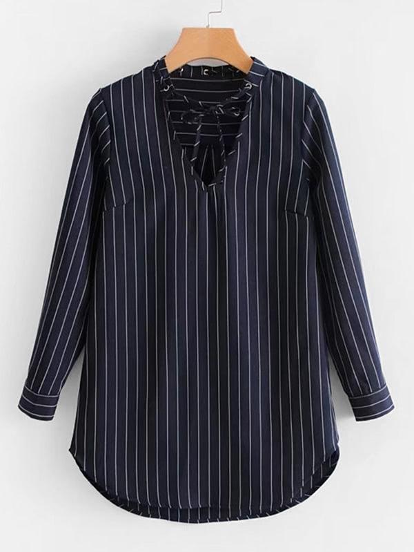 Romwe Tie Neck Dolphin Hem Striped Shirt Dress