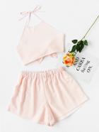 Romwe Halter Neck Bow Tie Open Back Top And Shorts Set