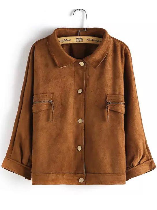 Romwe Lapel Buttons Pockets Suede Khaki Coat