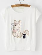 Romwe Umbrella Cat Pattern Patch T-shirt