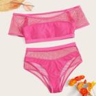 Romwe Fishnet Overlay Short Sleeve Bardot Bikini Set 4pack