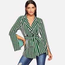 Romwe Self Belted Striped Print Blazer