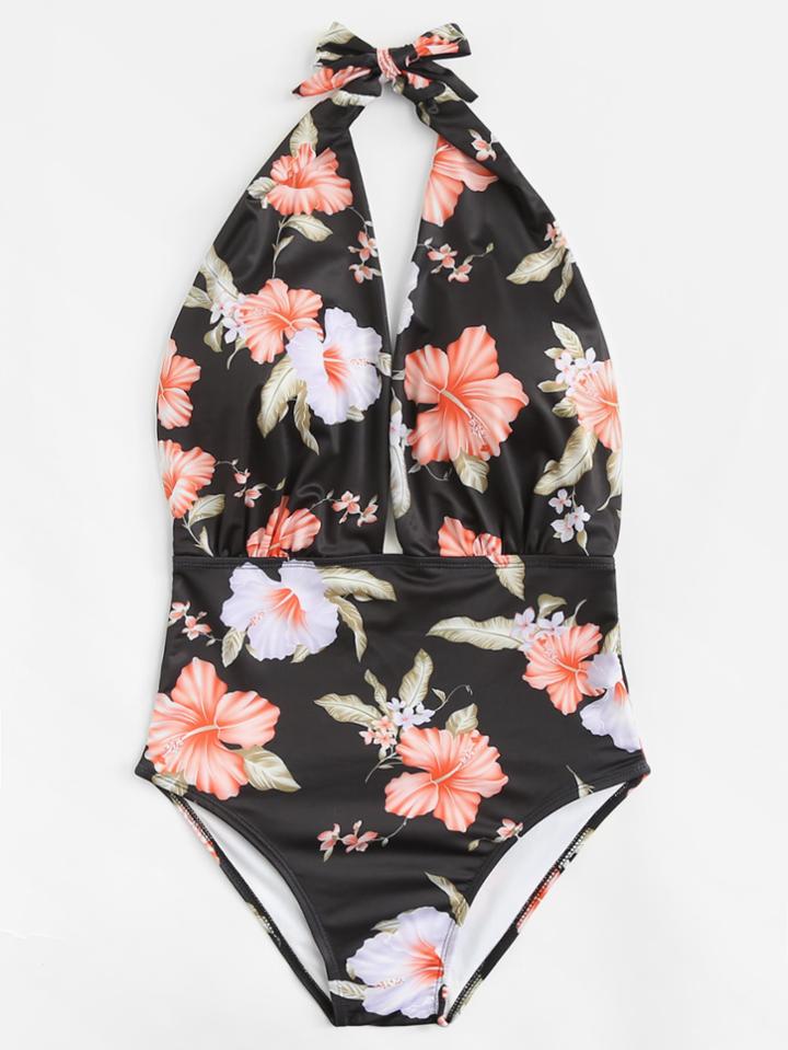 Romwe Flower Print Open Back Swimsuit