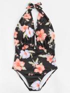 Romwe Flower Print Open Back Swimsuit