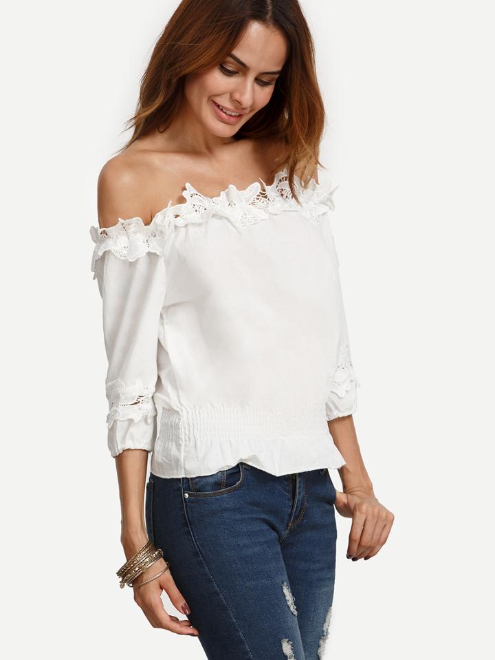 Romwe White Off The Shoulder Applique Crop Top
