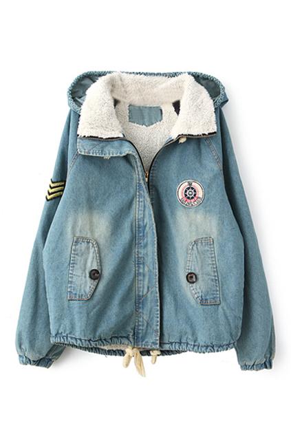 Romwe Drawstring Lamb Wool Lined Denim Coat