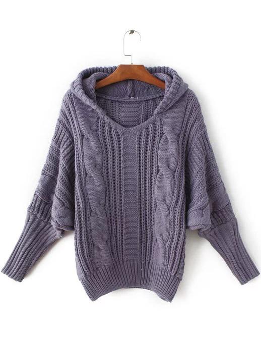 Romwe Purple Cable Knit Hooded Sweater